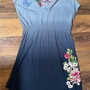 Johnny Was Floral Embroidered Gray and Blue Women's Dress